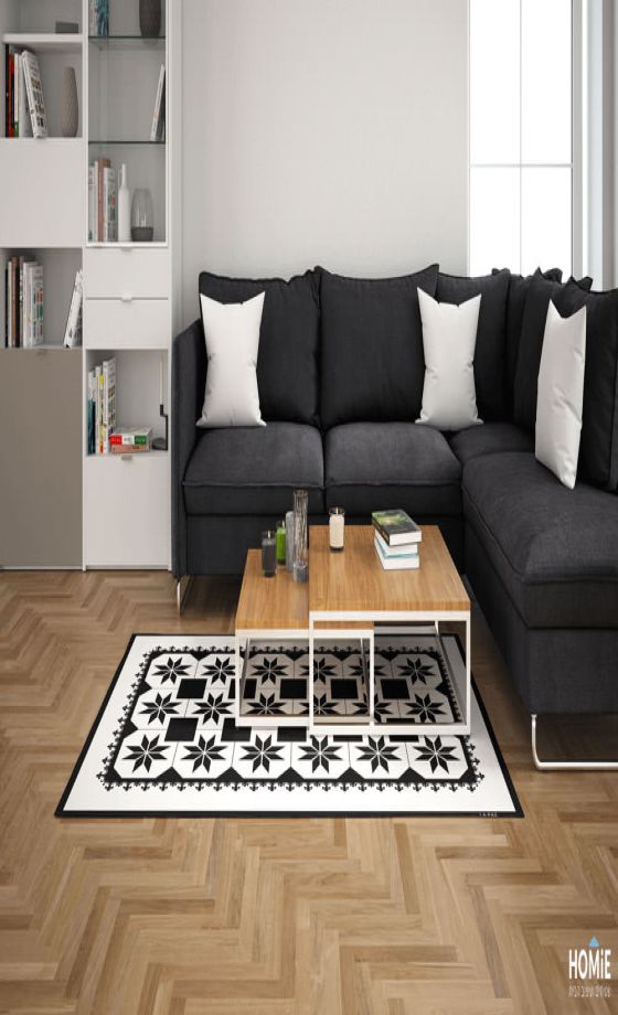 שטיח ויניל גיאומטרי פי וי סי (PVC) לינולאום שחור לבן מתומנים וריבועים דגם קזבלנקה. השטיח הדקורטיבי מתאים לסלון, לחדר שינה, לאמבטיה, לחדר ילדים, למטבח, לכניסה, לגינה, למשרד ועוד. 