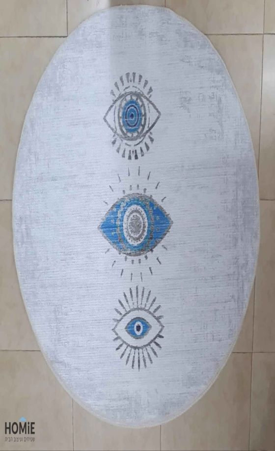 שטיח עגול וינטג' אבסטרקטי כותנה עיניים כחולות דגם לטיסיה 5554 בצבע אפור טורקיז לסלון, לחדר שינה, למסדרון, לאמבטיה, לפינת אוכל, למטבח, לחדר עבודה ולמשרד.